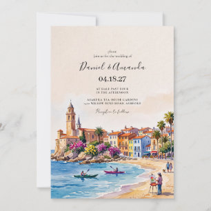 Invitation aquarelle côtière de Sitges en Espagne