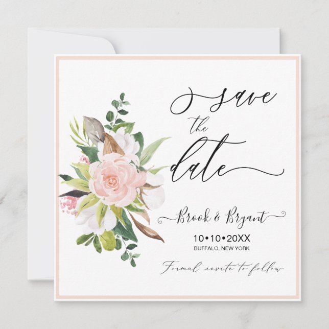 Invitation Aquarelle Coton Blush Roses Enregistrer la date (Devant)