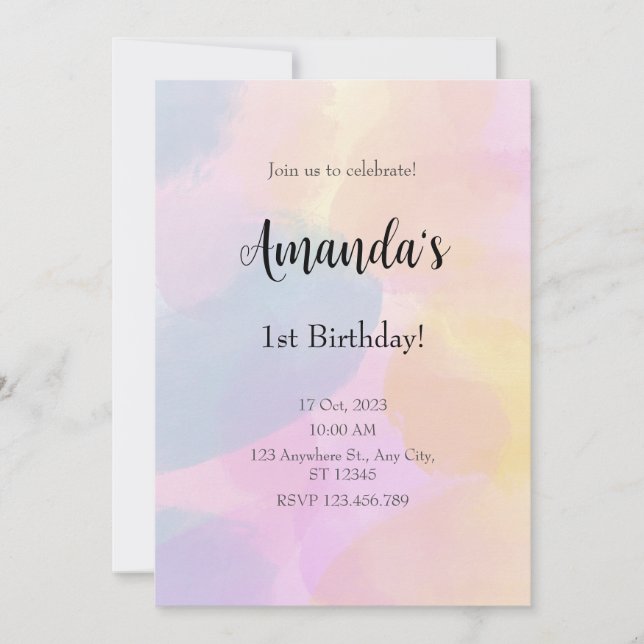 Invitation Aquarelle couleur arc-en-ciel Premier anniversaire (Devant)