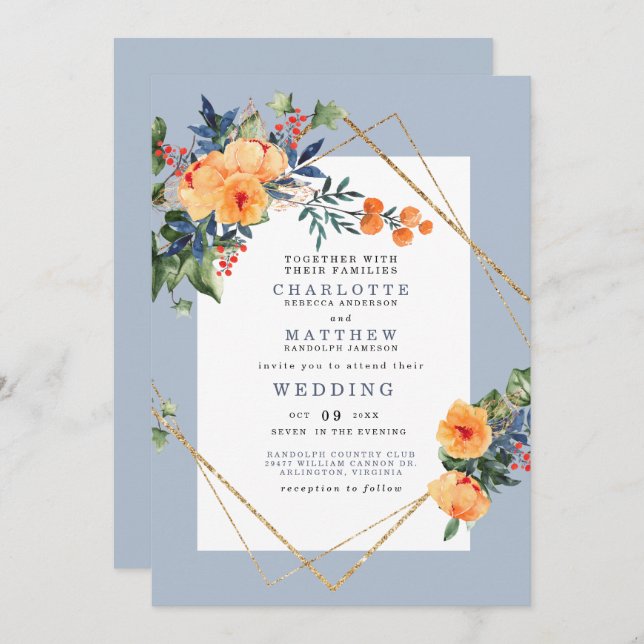 Invitation Aquarelle couleur bleu Arrière - plan Mariage (Devant / Derrière)