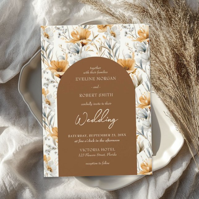 Invitation Aquarelle couleur jaune ivoire orangé (Watercolor dusty orange ivory brown flowers invitation)