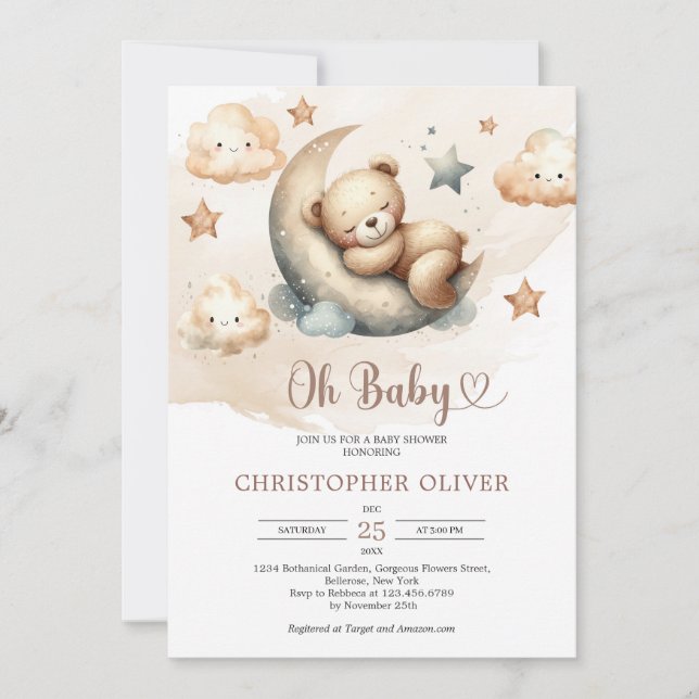 Invitation Aquarelle couleur neutre teddy ours sur la lune (Devant)