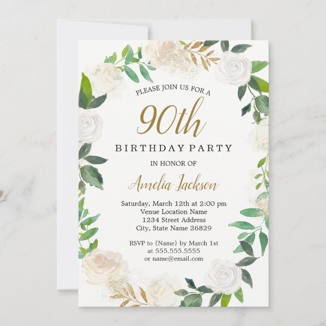 Invitation Aquarelle couleur or bleu 90e anniversaire (Devant)
