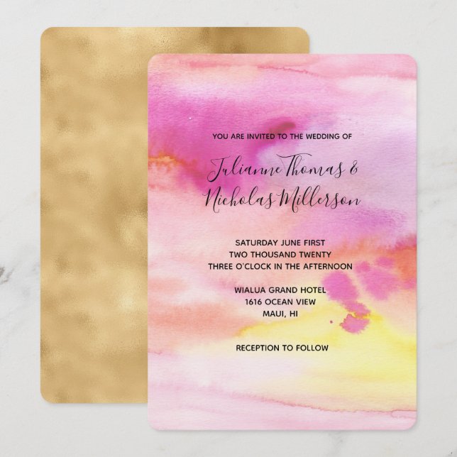 Invitation Aquarelle couleur or jaune rose pâle (Devant / Derrière)