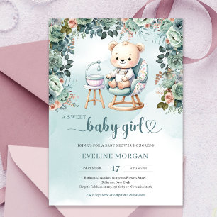 Invitation Aquarelle couleur pastel teddy ourson fille bébé
