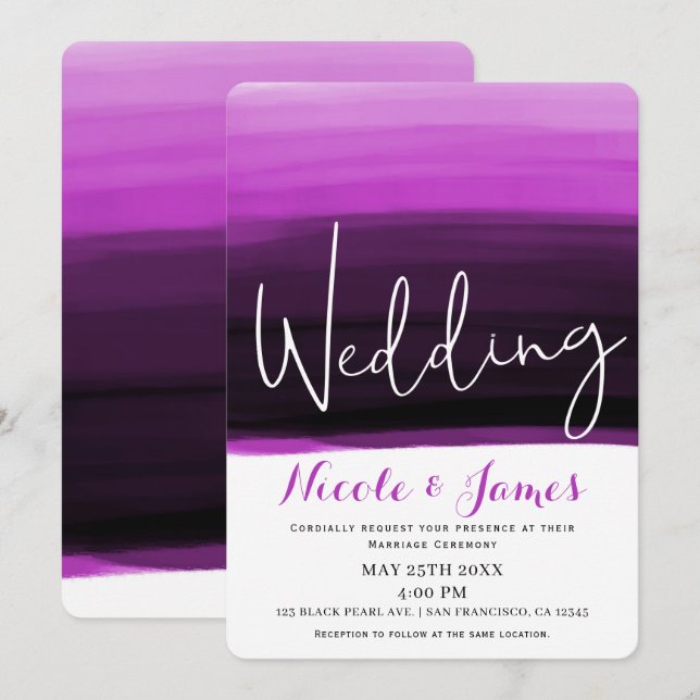 Invitation Aquarelle couleur rose Fuchsia Mariage moderne (Devant / Derrière)