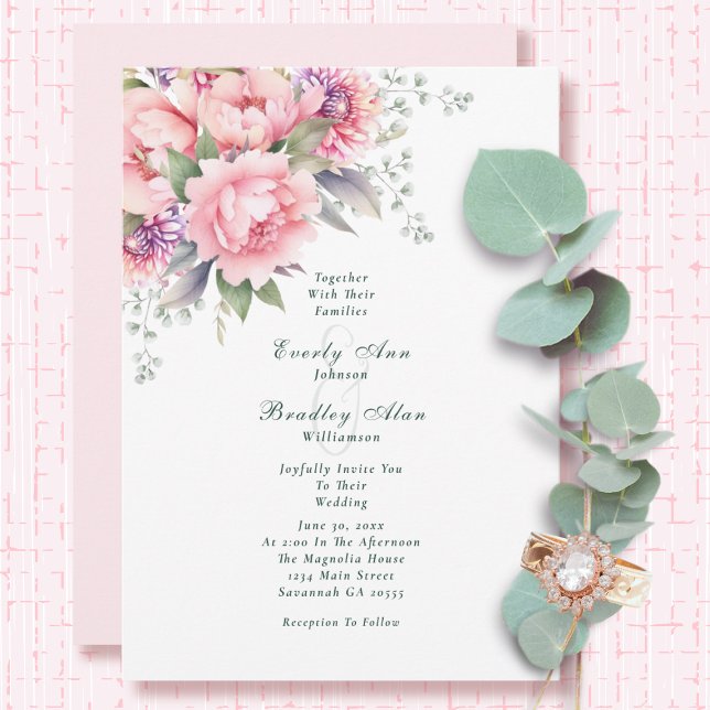 Invitation Aquarelle couleur rose vif Mariage de script Flora (Créateur téléchargé)
