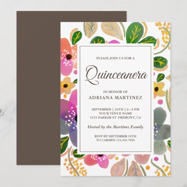 Invitation Aquarelle couleur vive Quinceanera florale (Devant / Derrière)