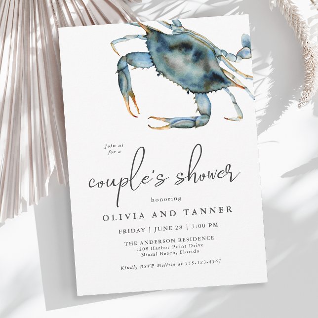 Invitation Aquarelle Couple de crabe bleu douche (Available as both printed and paperless digital download!)