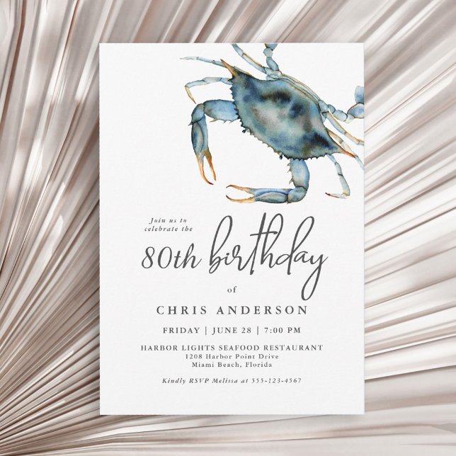 Invitation Aquarelle Crabe bleu Fruits de mer 80e anniversair (Available as printed and paperless digital download!)