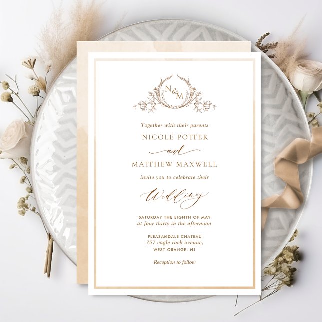 Invitation Aquarelle crème beige Mariage monogramme élégant (Créateur téléchargé)