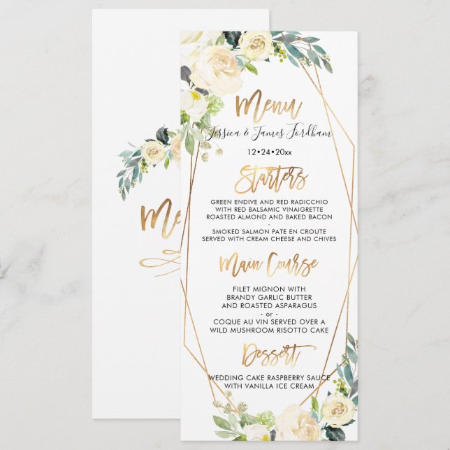 Invitation Aquarelle Crème d'ivoire Roses+ Albâtre Peonies (Devant / Derrière)