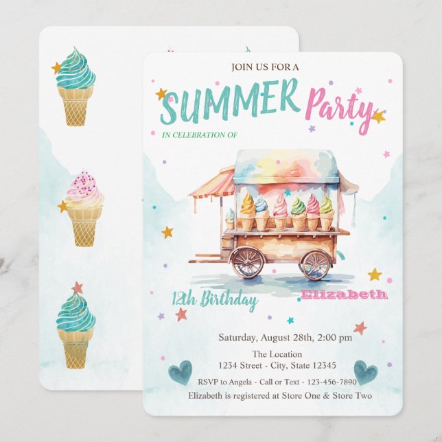Invitation Aquarelle Crème glacée Camion Stars Anniversaire (Devant / Derrière)