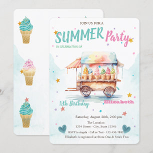 Invitation Aquarelle Crème glacée Camion Stars Anniversaire