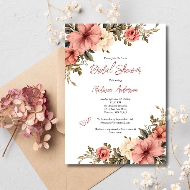 Invitation Aquarelle crème rose Fête des mariées florale anti (Pink Cream Watercolor Floral Bridal Shower invitation. Vintage Antique Elegant)