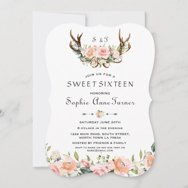 Invitation Aquarelle Crème rose Floral Antlers Sweet 16 (Devant)