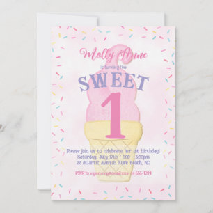 Invitation Aquarelle Crème rose Ice Cône Anniversaire Fille