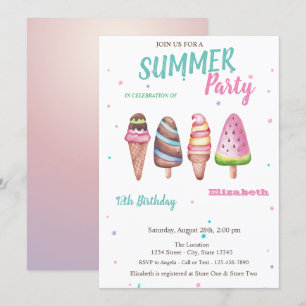 Invitation Aquarelle Crèmes glacées été fête d'anniversaire