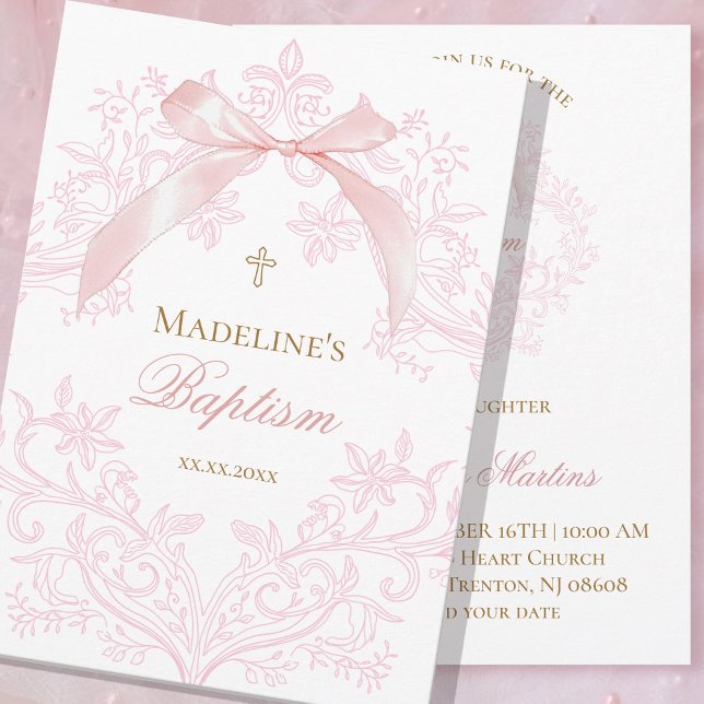 Invitation aquarelle crête rose petit arc Baptême (Créateur téléchargé)