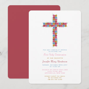 Invitation Aquarelle croisée florale communion ou confirmatio
