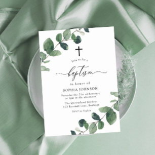 Invitation Aquarelle Croix de Baptême verte de la feuille