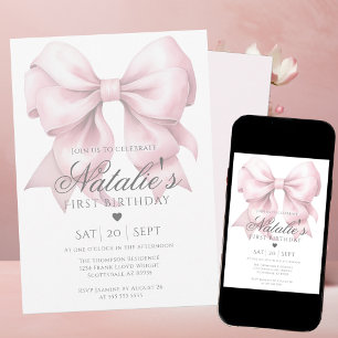 Invitation Aquarelle customisée Dusty Rose Bow 1er anniversai
