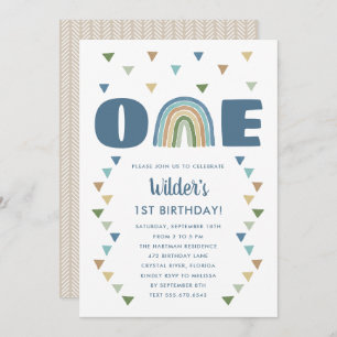 Invitation Aquarelle Cute Boho Arc en ciel Anniversaire Bleu