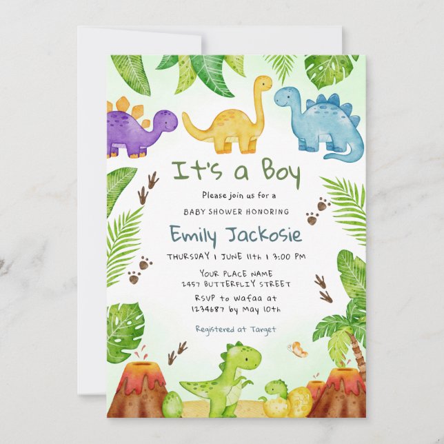 Invitation Aquarelle Cute Boho Dinosaure Verdure Garçon Bébé  (Devant)