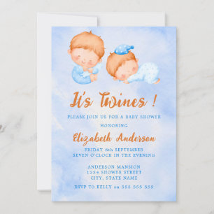 Invitation Aquarelle Cute C'est Twins Baby shower bleu