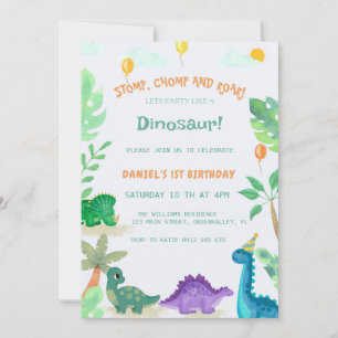 Invitation Aquarelle Cute Dinosaur 1er anniversaire Invitatio