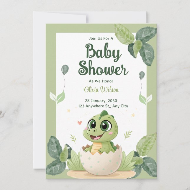 Invitation Aquarelle Cute Dinosaur Baby shower Garçon de verd (Devant)