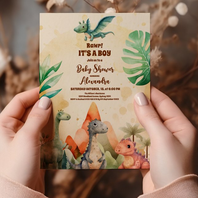 Invitation Aquarelle Cute Dinosaur Baby shower Garçon de verd (Créateur téléchargé)