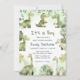 Invitation Aquarelle Cute Dinosaur Baby shower Garçon de verd