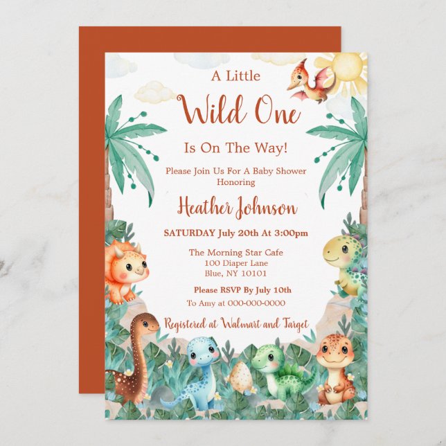 Invitation Aquarelle Cute Dinosaur Boy Baby shower (Devant / Derrière)