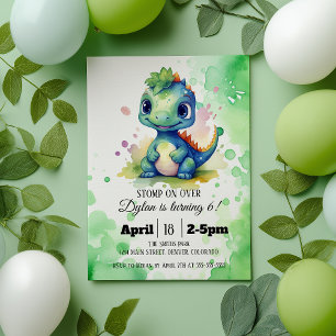 Invitation Aquarelle Cute Dinosaur Green Boy Anniversaire