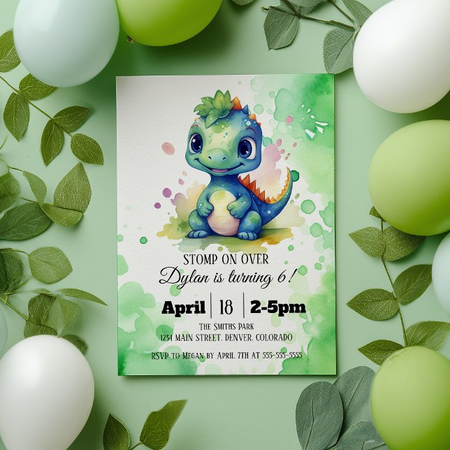 Invitation Aquarelle Cute Dinosaur Green Boy Anniversaire (Créateur téléchargé)