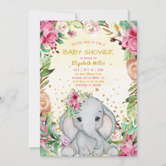 Invitation Aquarelle Cute Elephant Baby shower Fleurs roses (Devant)