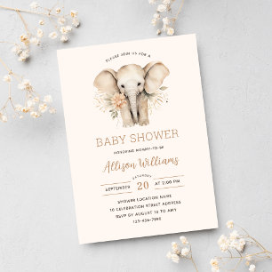 Invitation Aquarelle Cute Elephant Floral Girl Baby shower