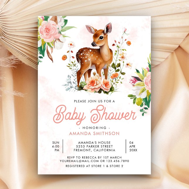 Invitation Aquarelle Cute Fawn Floral Deer Baby shower (Créateur téléchargé)