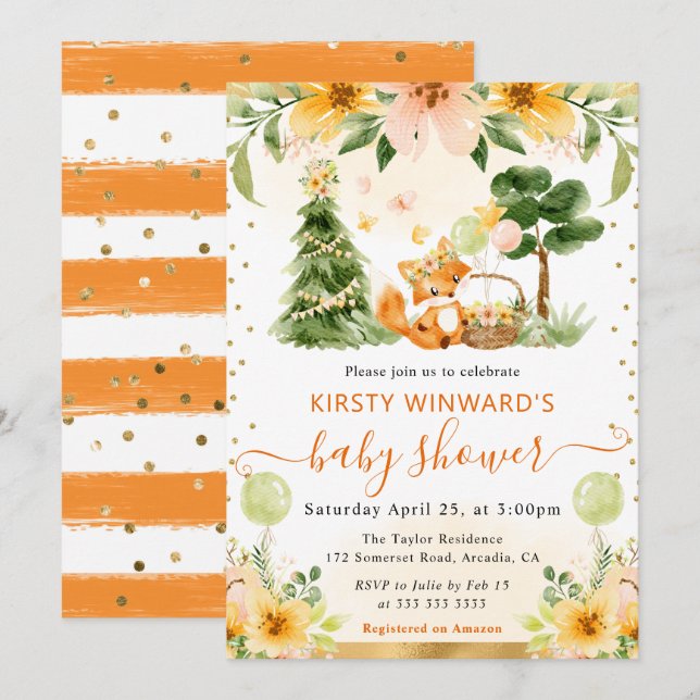 Invitation Aquarelle Cute Floral Fox Baby shower (Devant / Derrière)