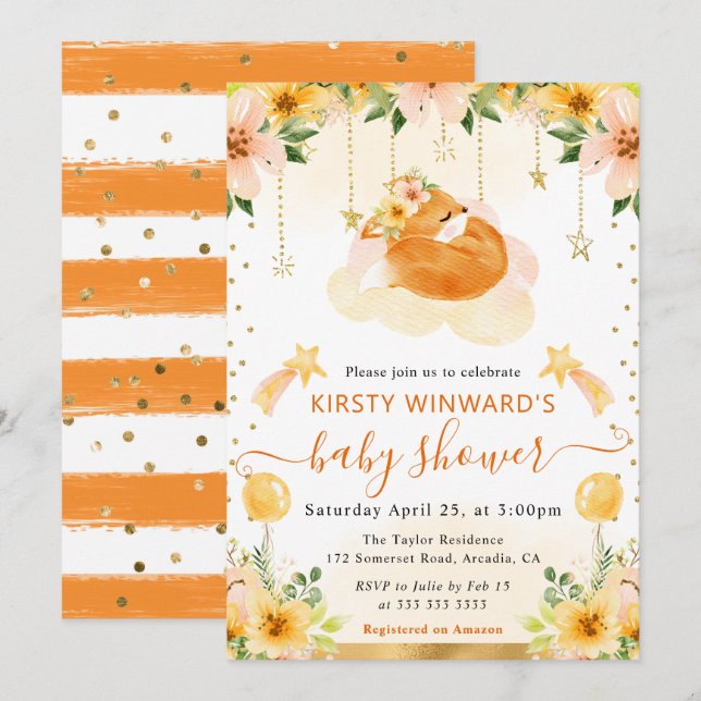 Invitation Aquarelle Cute Floral Fox sur le Baby shower Cloud (Devant / Derrière)