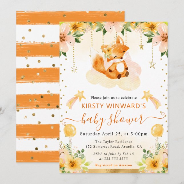 Invitation Aquarelle Cute Floral Fox sur le Baby shower Cloud (Devant / Derrière)