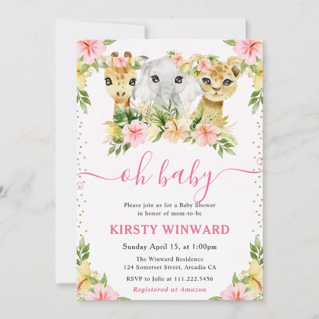 Invitation Aquarelle Cute Floral Jungle Animaux Baby shower (Devant)