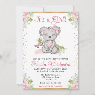 Invitation Aquarelle Cute Floral Koala Girl Baby shower
