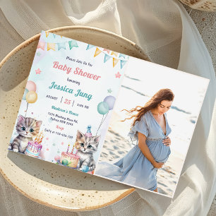Invitation Aquarelle Cute Kitty Chat Baby shower Photo