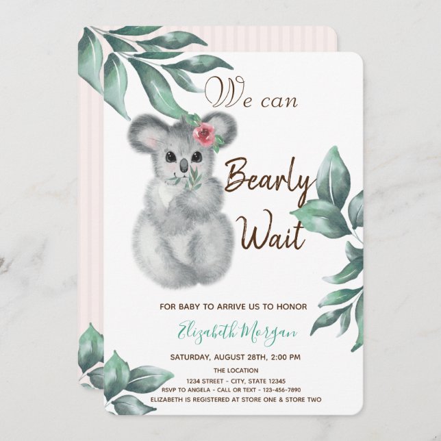 Invitation Aquarelle Cute Koala Baby shower rose rayé (Devant / Derrière)