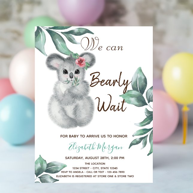 Invitation Aquarelle Cute Koala Baby shower rose rayé (Créateur téléchargé)
