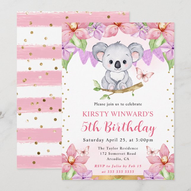 Invitation Aquarelle Cute Koala & Fleurs tropicales Anniversa (Devant / Derrière)
