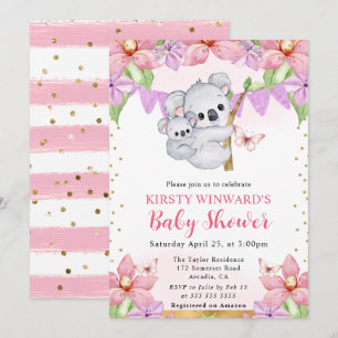 Invitation Aquarelle Cute Koalas & Fleurs Baby shower