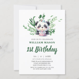 Invitation Aquarelle Cute Panda Verdure 1er anniversaire